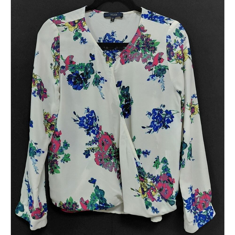 ECLAIR T1435-04 Floral Blouse White Long Sleeve V-Neck Women Size S